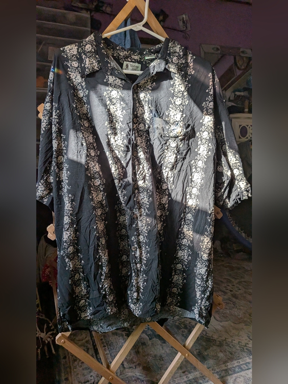 Vintage Silk Black Shirt with Cream Floral Print. (Unisex)
